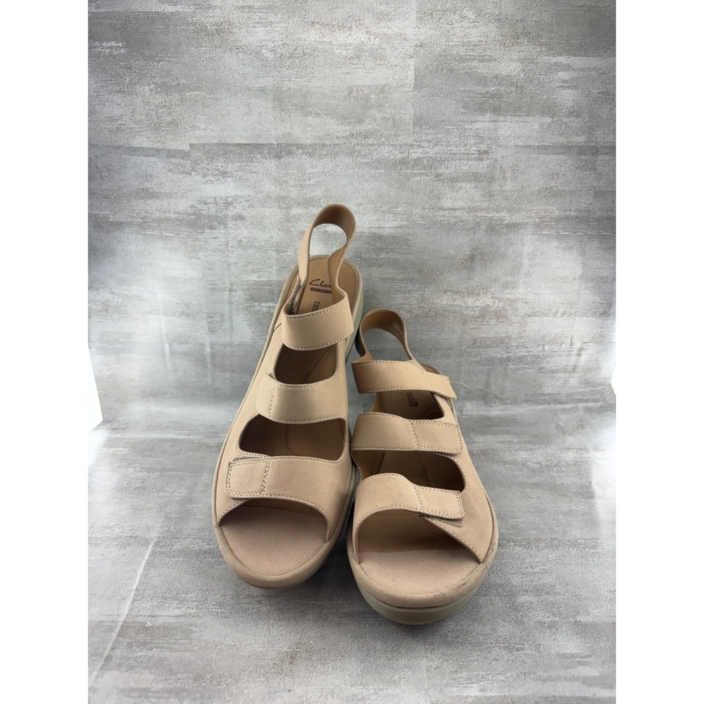 Clarks Reedly Juno Sand Leather Wedge Sandals Women 12W Beige Strappy Slingback